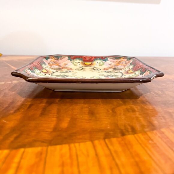 Vintage 8in Chinoiserie Asian Ceramic Rooster Square Plate Red Green Cream - Picture 6 of 8